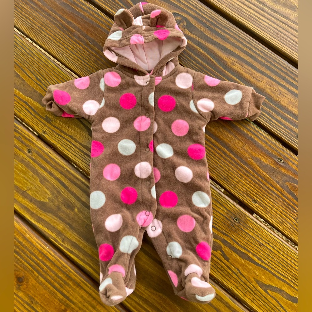 Carter’s newborn girl winter bear bunting brown with pink & cream polkadots